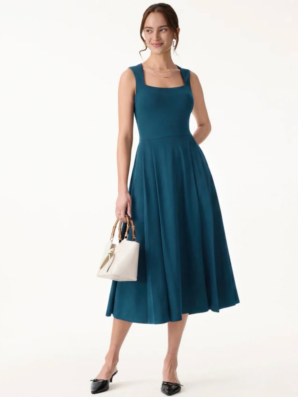 NWT OGL Anytime Teal Square-Neck Midi Dress built in bra and pockets